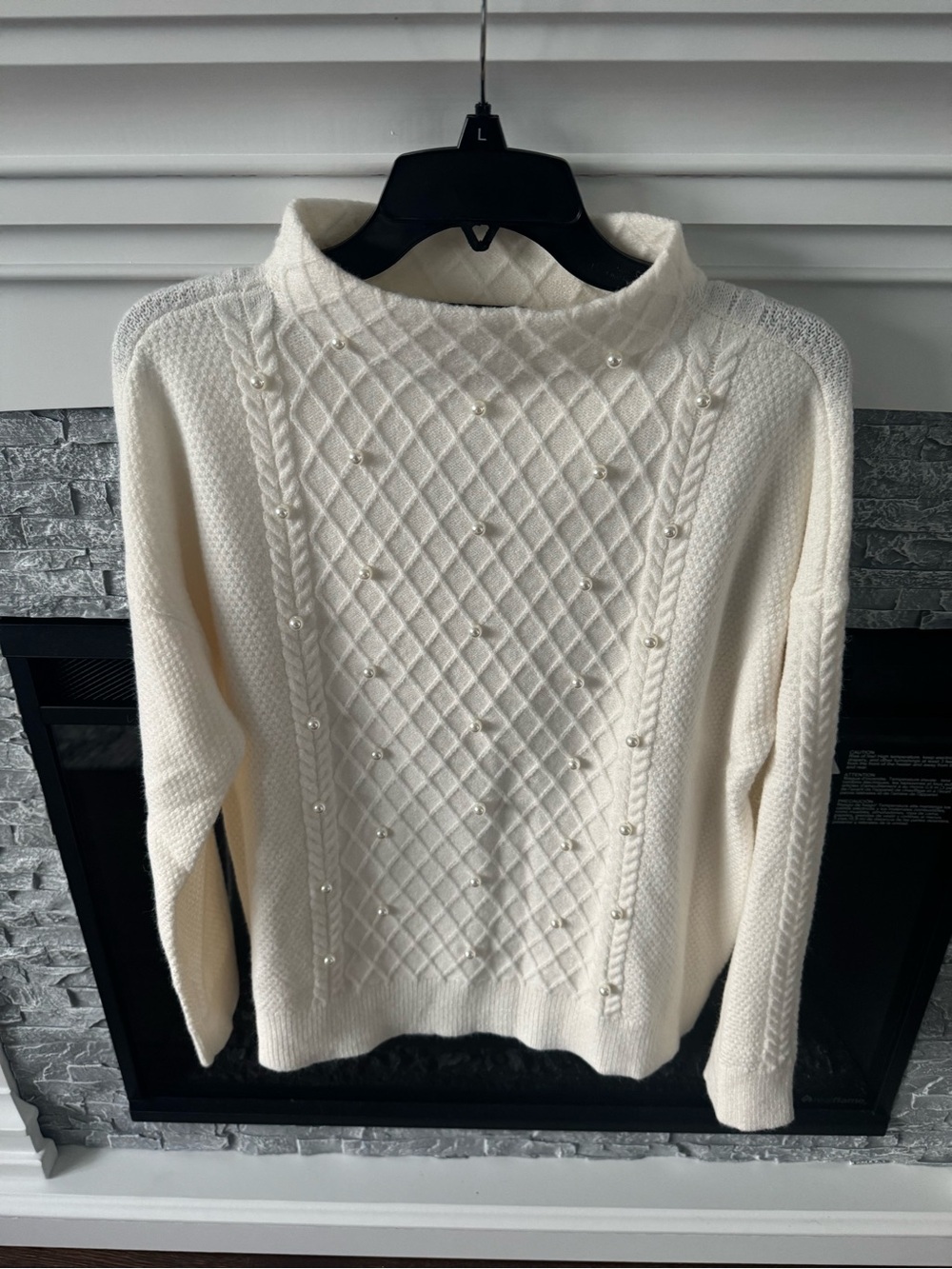 Ann Taylor Pearlized Mock Neck Cable Sweater Winter White diamond pattern knit